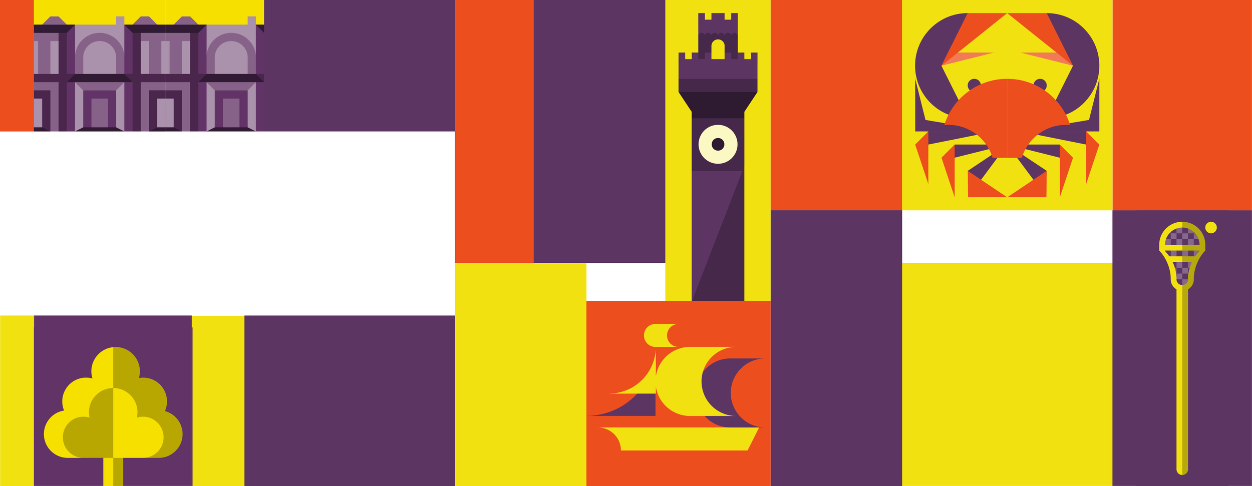 A colorful digital graphic featuring a castle, a tower, a lion illustration, a palm tree, a stylized rook, and abstract shapes in purple, orange, yellow, and white.