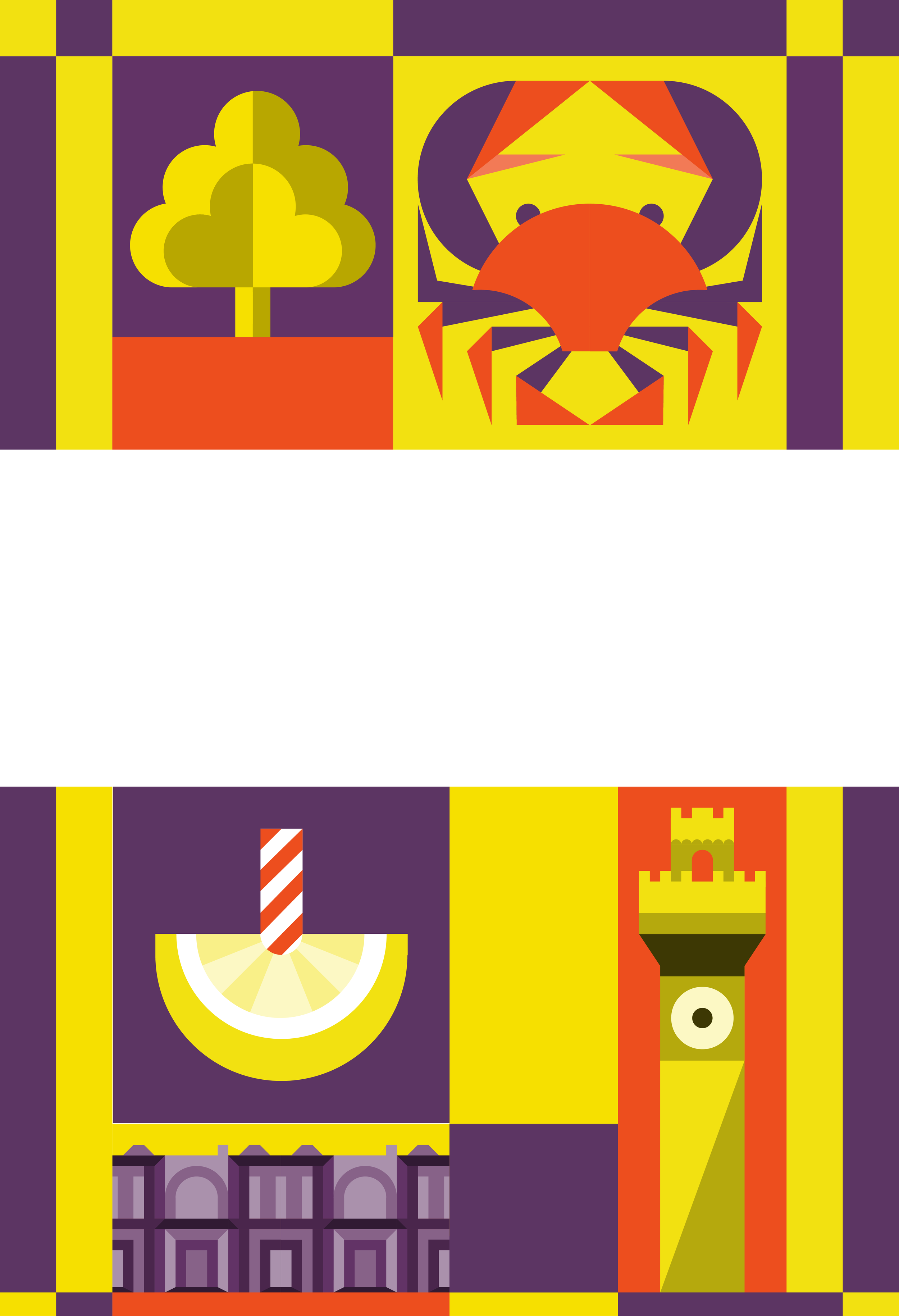 A colorful digital graphic featuring a castle, a tower, a crab, a ship, and abstract shapes in purple, orange, yellow, and white.